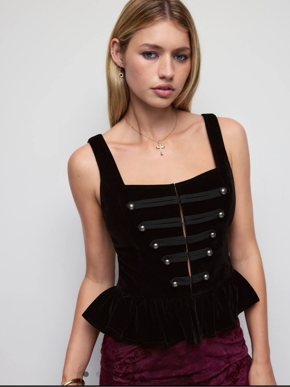 Cider Black Velvet Military-Style Peplum Camisole